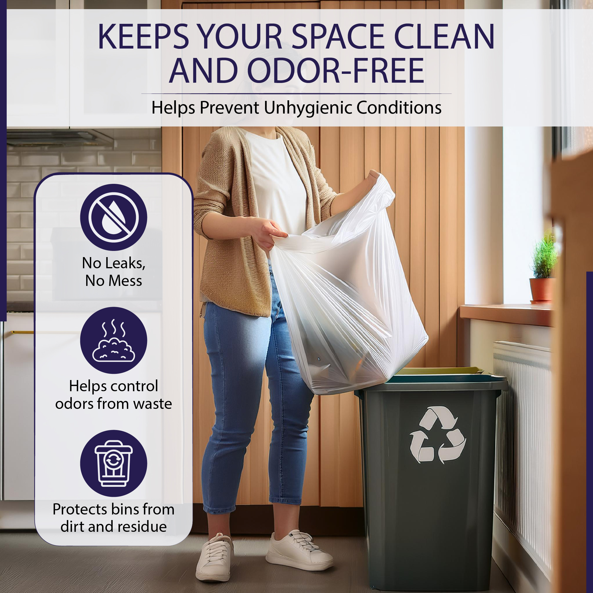 Large Clear Bin Bags -Medium Duty 25 Micron Bin Liners for 40L-90L Bins, Strong Refuse Sacks Ideal for Recycling and Waste 18” x 29” x 39” - Image 2